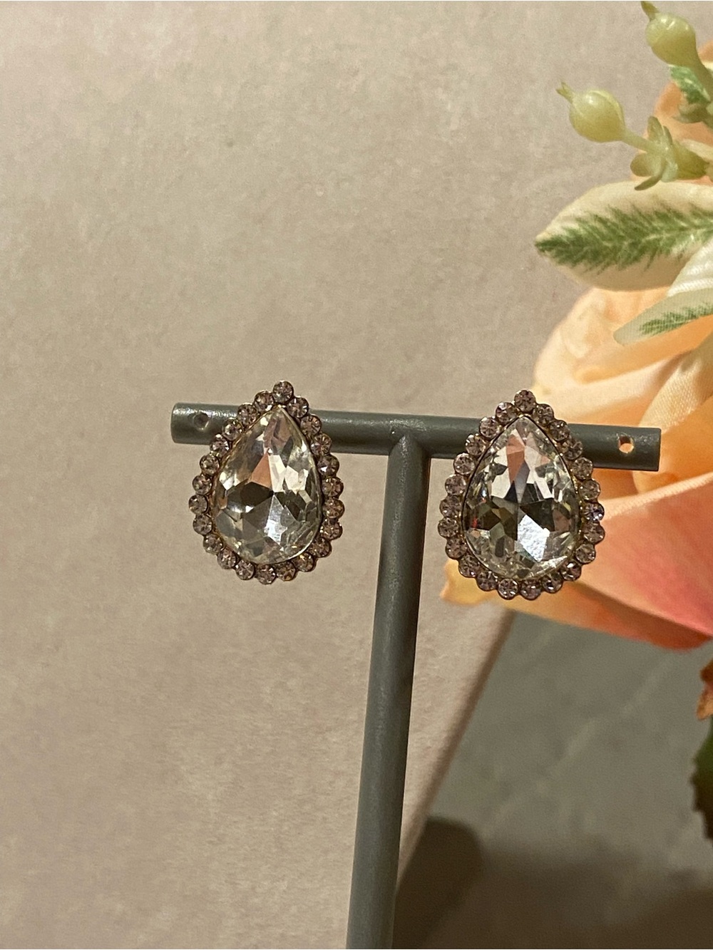 Clear Teardrop Crystal Stud Earrings with Rhinestone Halo
